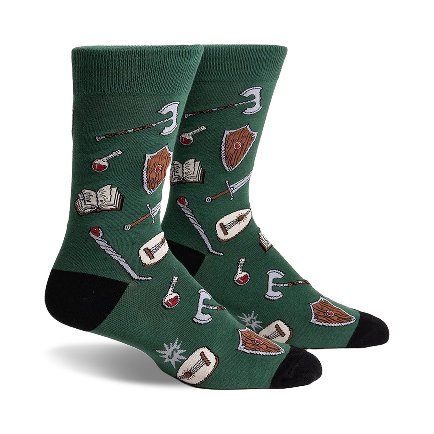 Pair of crew socks in deep green with a fun fantasy design.  Features shields, swords, potions, and books.