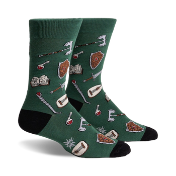 crew-length socks with all-over pattern of medieval items: books, swords, axes, shields, potions.   