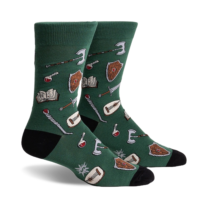 crew-length socks with all-over pattern of medieval items: books, swords, axes, shields, potions.   