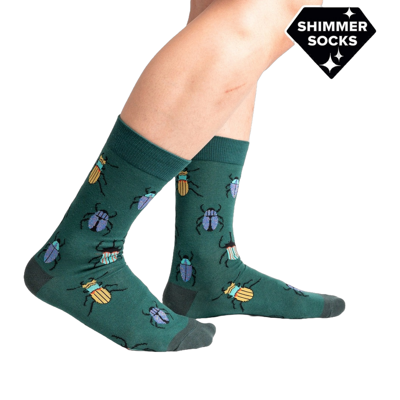 Lifestyle shot showing Beetle-Mania! socks on a person's legs, showcasing the fit and style.