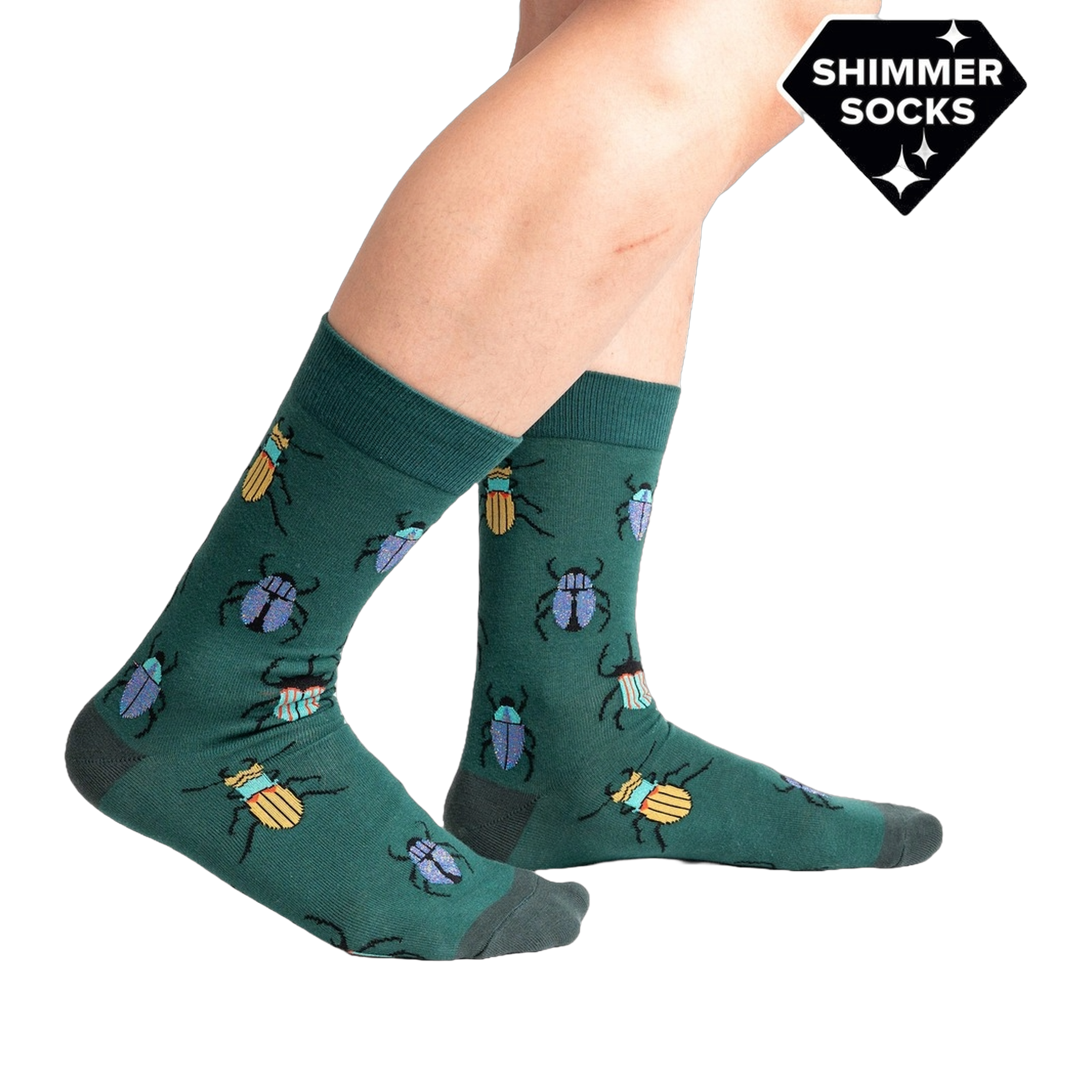 Lifestyle shot showing Beetle-Mania! socks on a person's legs, showcasing the fit and style.