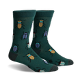 A pair of crew socks in deep green with a whimsical pattern of colorful beetles. 