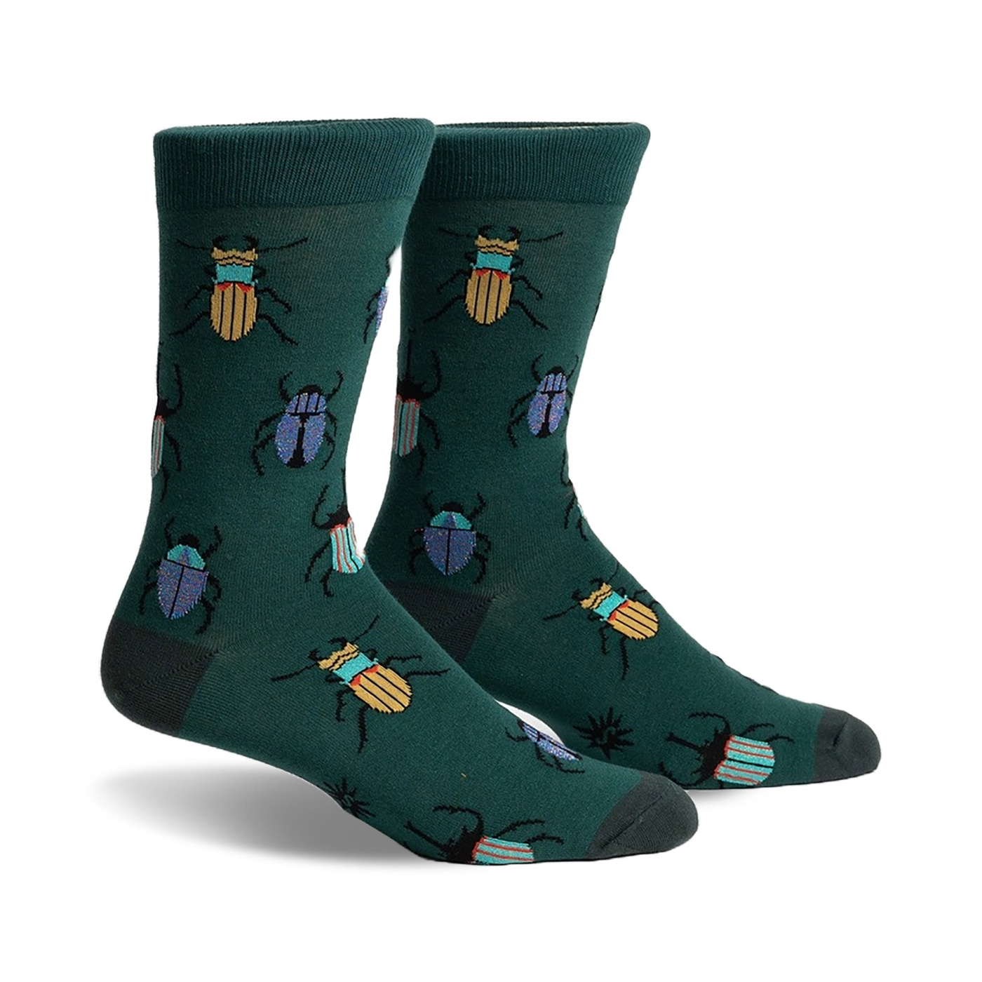 A pair of crew socks in deep green with a whimsical pattern of colorful beetles. 