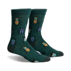 A pair of crew socks in deep green with a whimsical pattern of colorful beetles. 