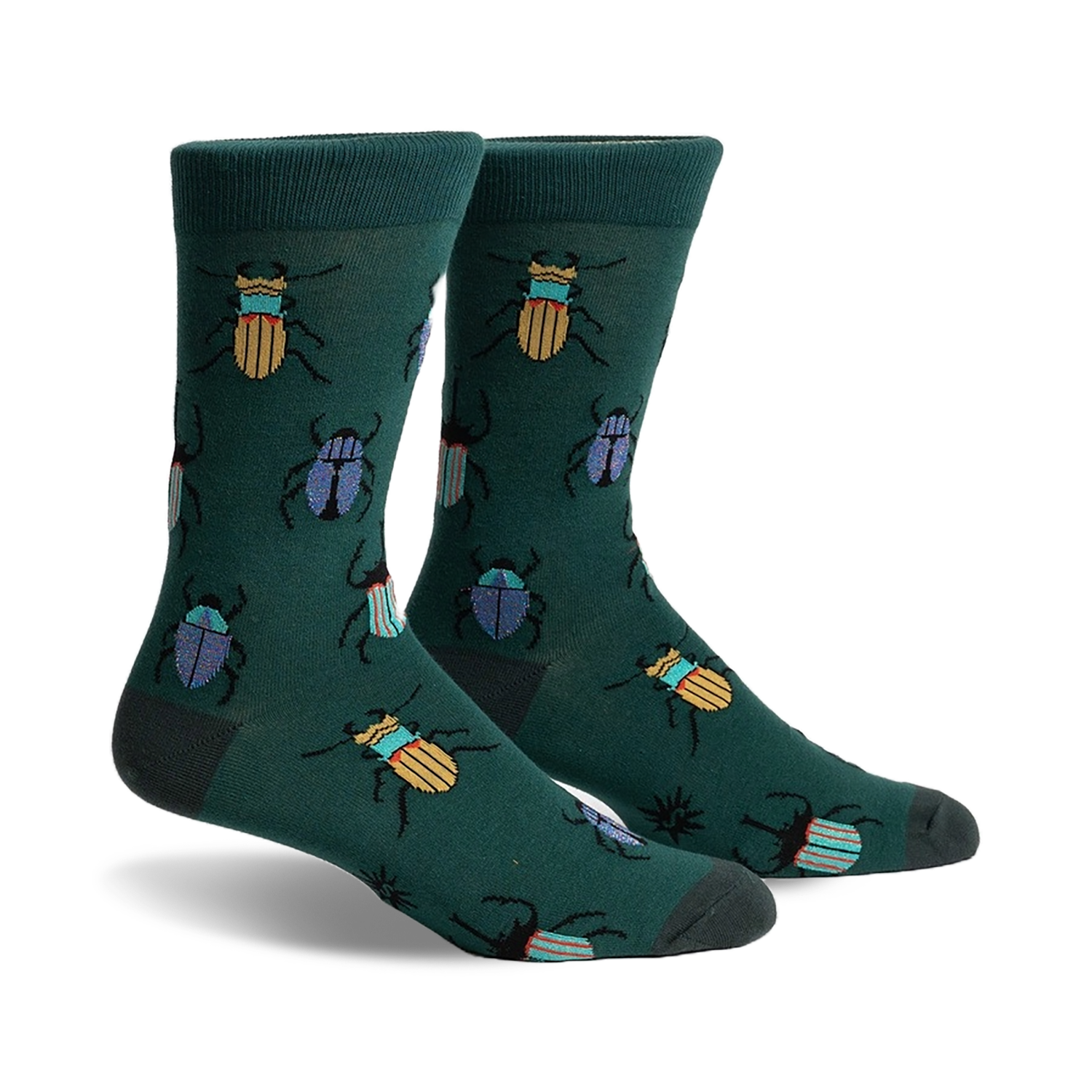 A pair of crew socks in deep green with a whimsical pattern of colorful beetles. 