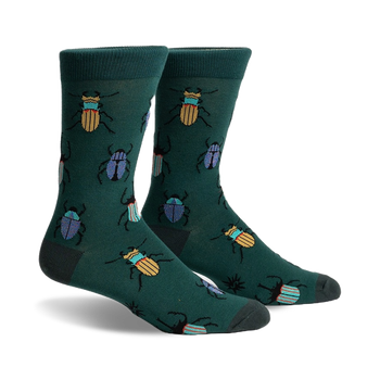 dark green crew socks with a vibrant multi-color pattern of beetles.  