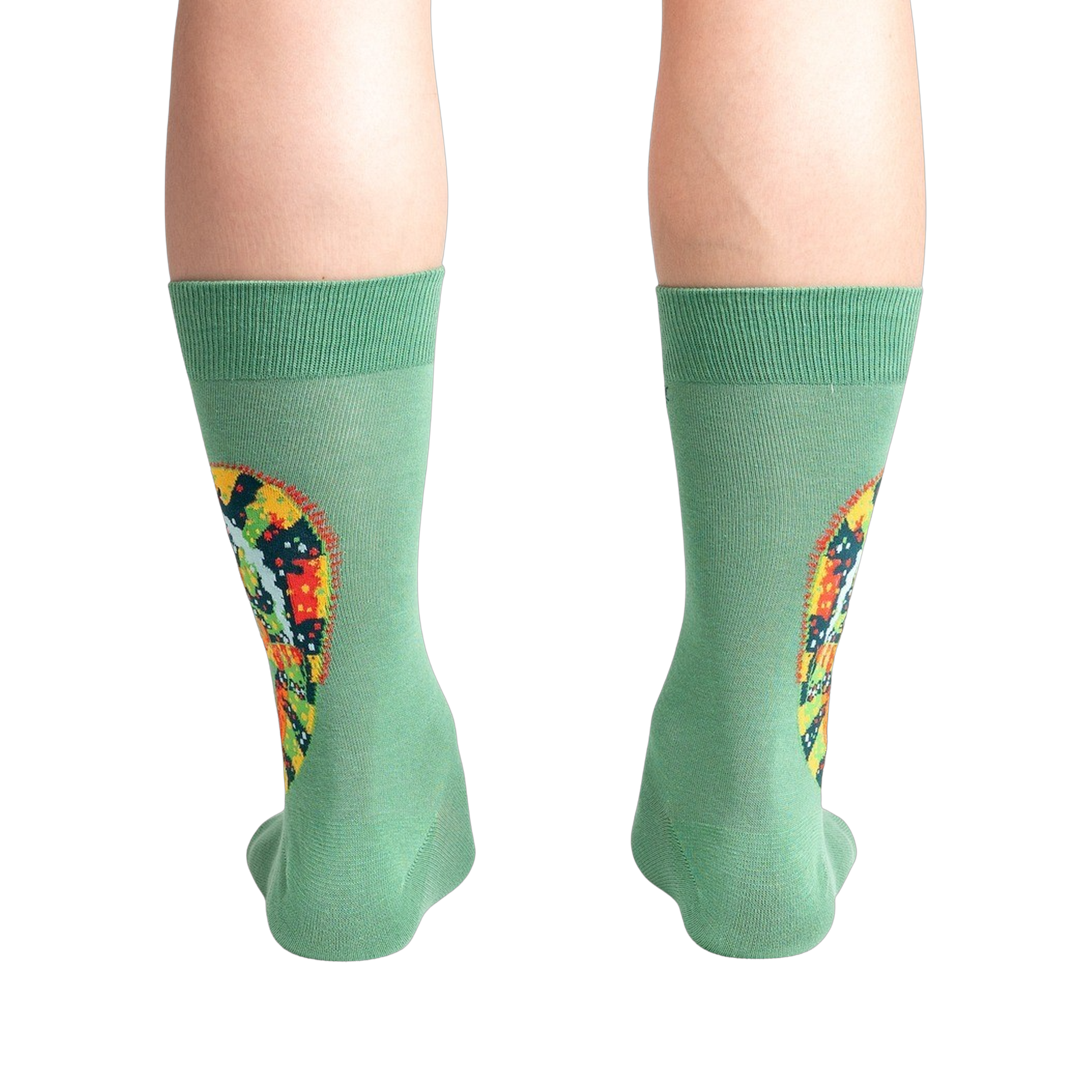 Rear view of a person wearing the socks, highlighting the full chameleon design on the back of the socks.