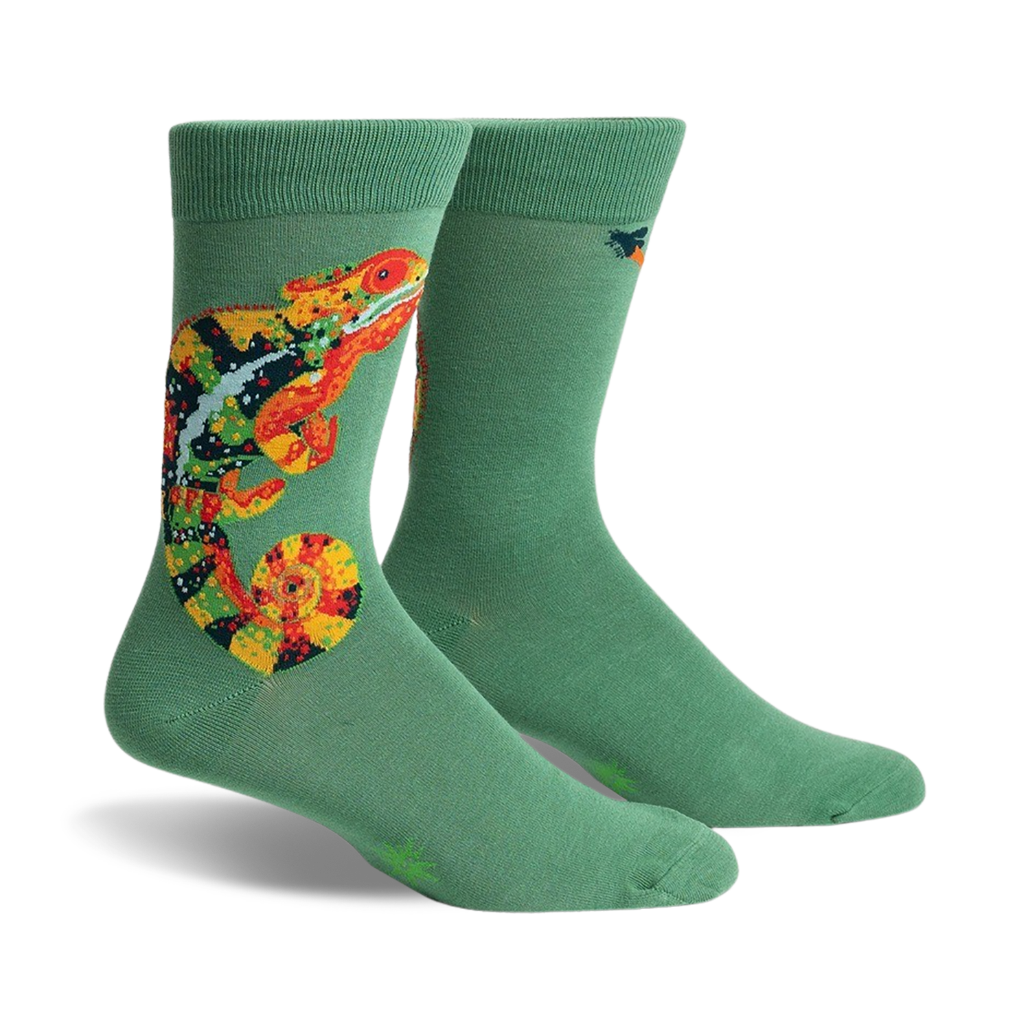 Pair of sage green crew socks with a colorful chameleon design. The chameleon is orange, yellow, and black.