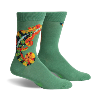 crew length men's socks feature a pattern of colorful chameleons on a dark green base.  