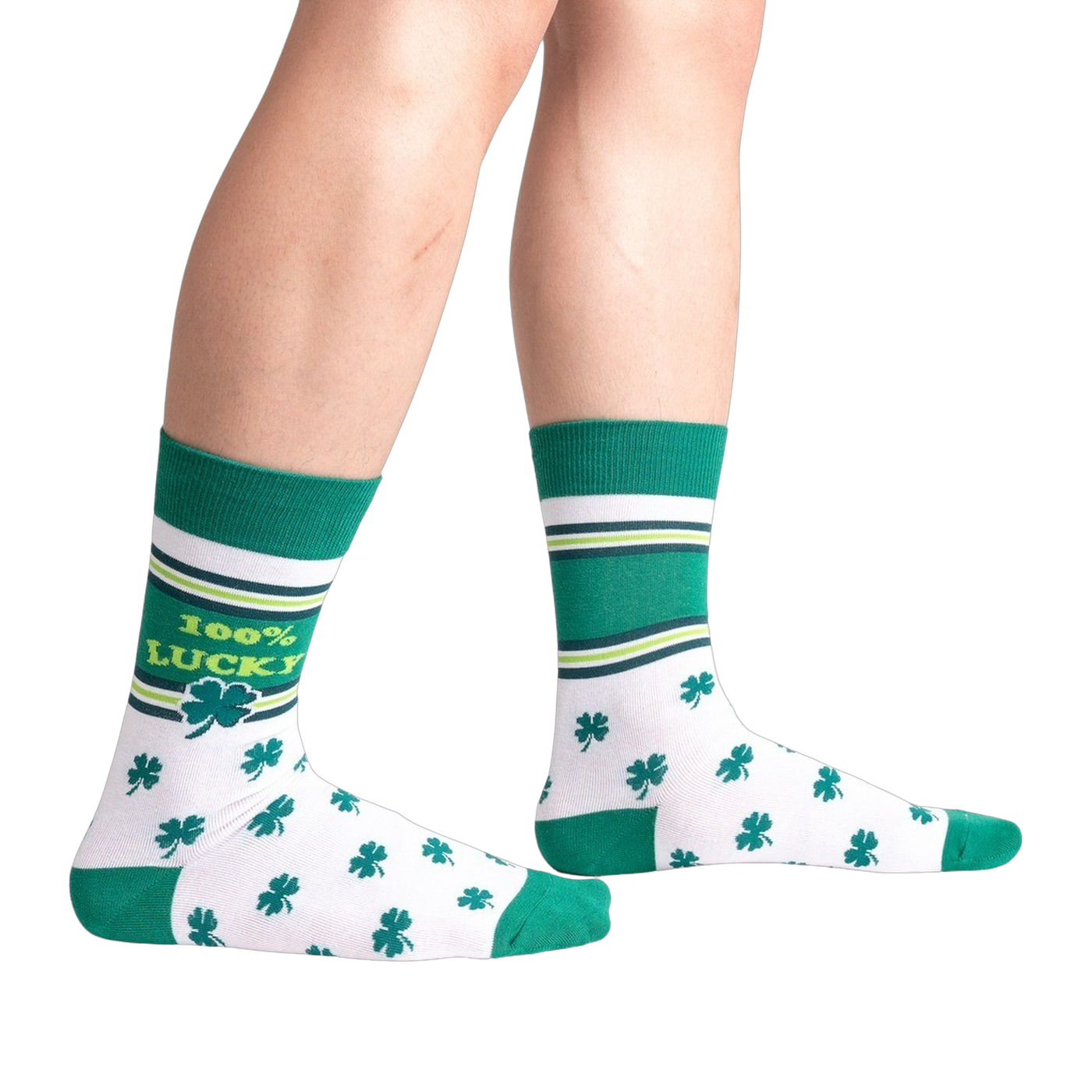 Lifestyle shot of model's legs wearing the green and white shamrock socks.