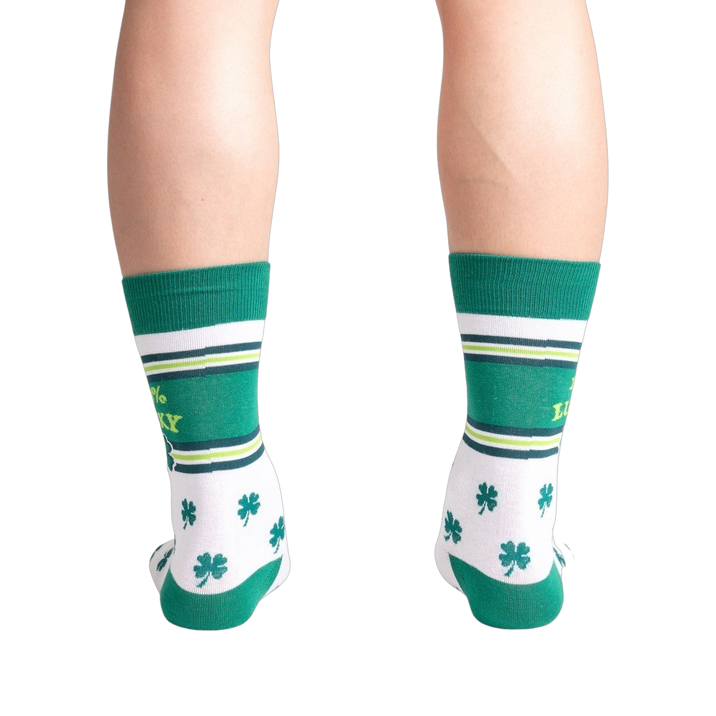 Rear view of model's legs wearing the 100% Lucky socks.