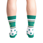 Rear view of model's legs wearing the 100% Lucky socks.