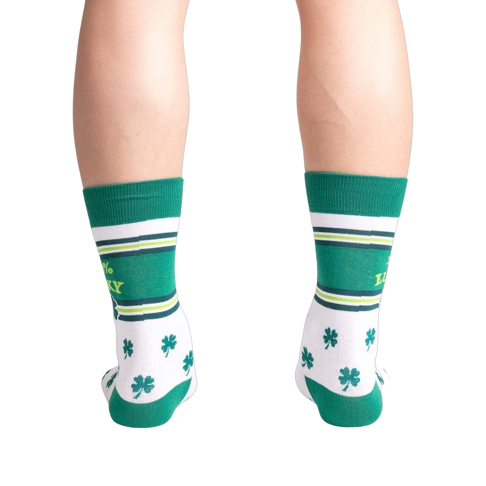 Rear view of model's legs wearing the 100% Lucky socks.