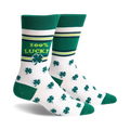 Pair of crew socks in white with green shamrocks and stripes, and '100% Lucky' text.