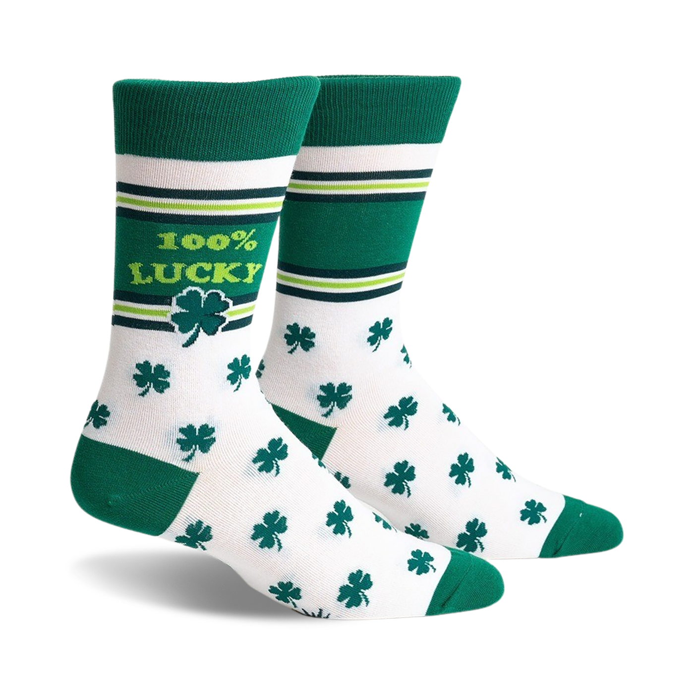 Pair of crew socks in white with green shamrocks and stripes, and '100% Lucky' text.