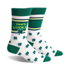 Pair of crew socks in white with green shamrocks and stripes, and '100% Lucky' text.