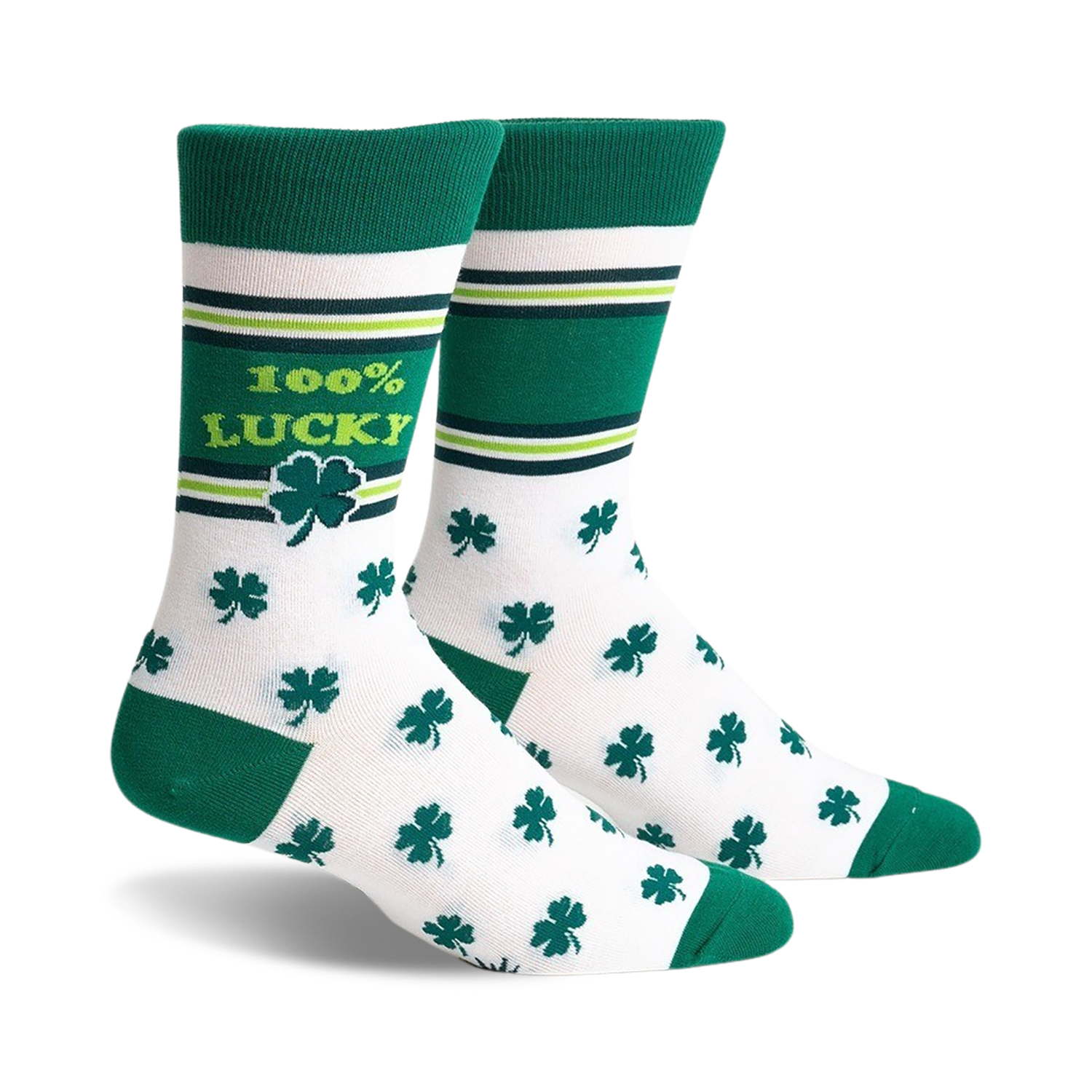 Pair of crew socks in white with green shamrocks and stripes, and '100% Lucky' text.