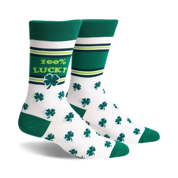 white crew socks with an allover green four-leaf clover pattern and the words "100% lucky" displayed vertically.  