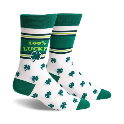 white crew socks with an allover green four-leaf clover pattern and the words "100% lucky" displayed vertically.  