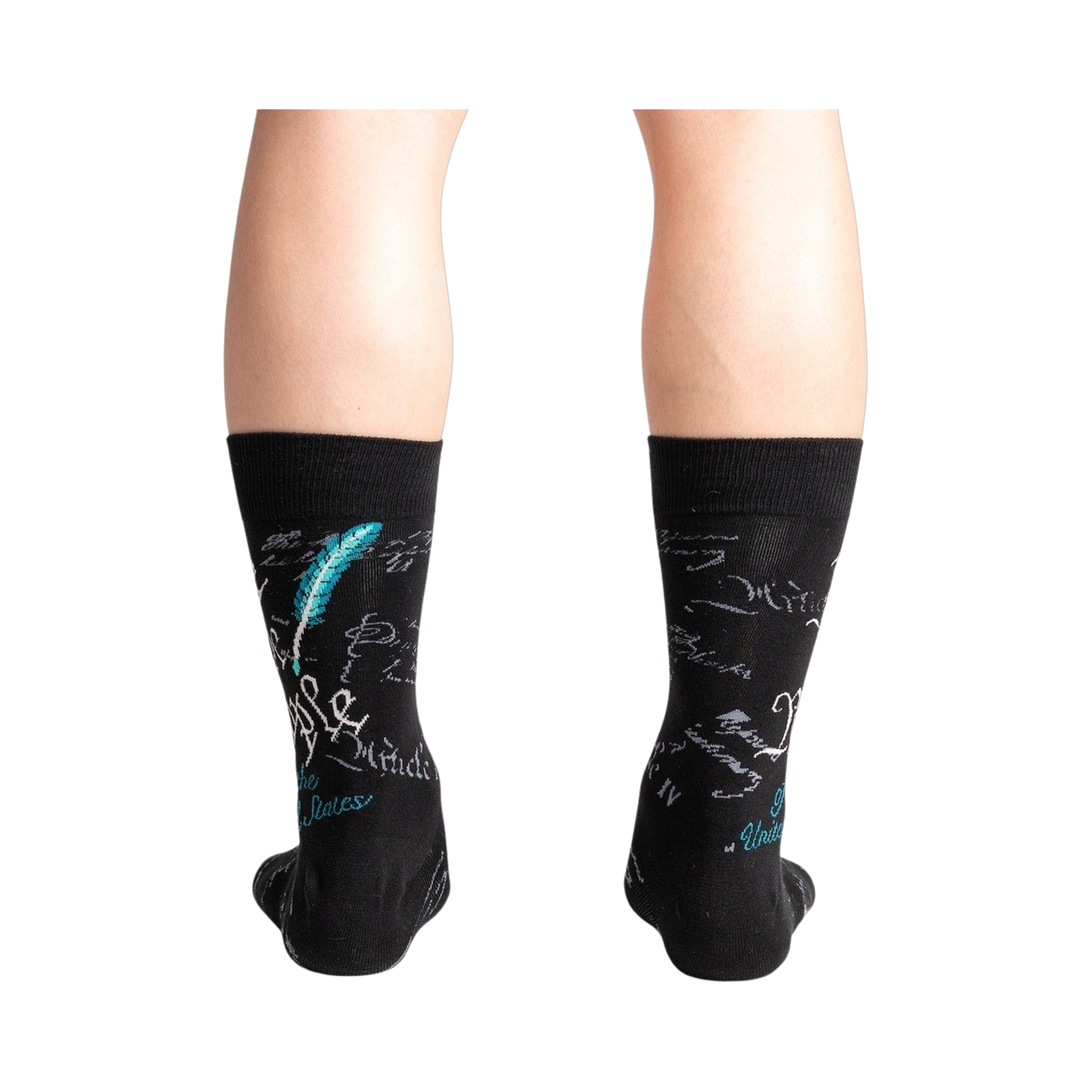 Rear view of a person wearing The Constitution socks, highlighting the quill and ink detail on the back of the socks.