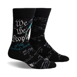 mens black crew socks with light blue and white text 