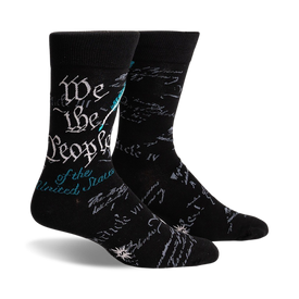 mens black crew socks with light blue and white text "we the people of the united states"  