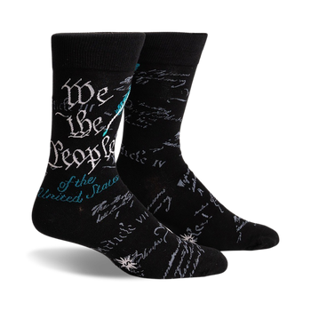 mens black crew socks with light blue and white text "we the people of the united states"  