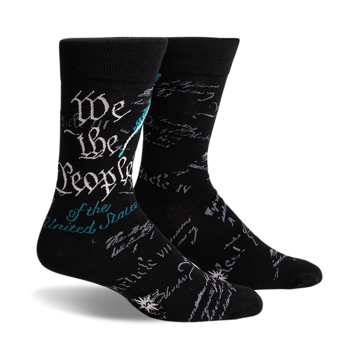 mens black crew socks with light blue and white text 