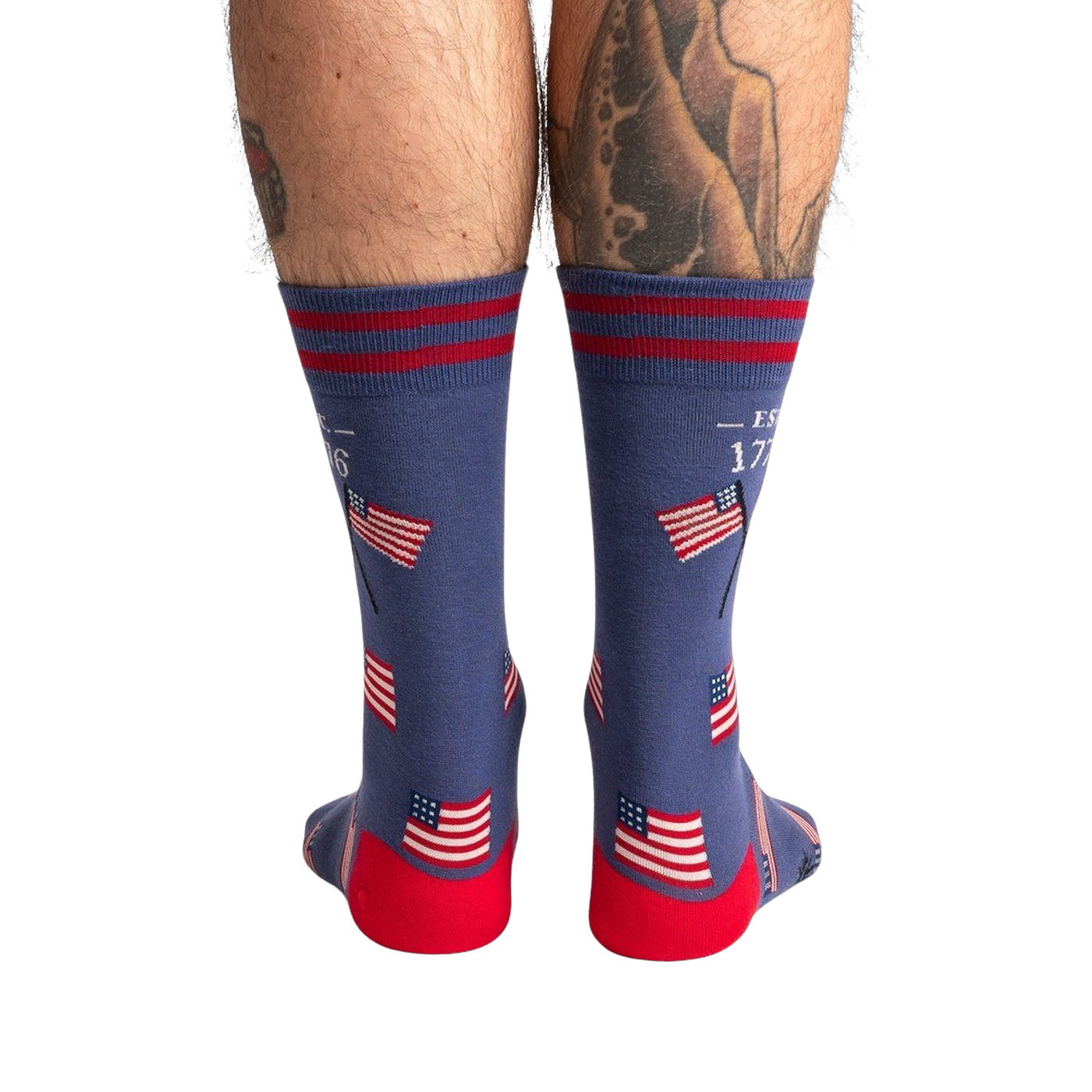 Rear view of Est. 1776 socks, showing the full design detail of the American flags and stripes on the back of the socks.
