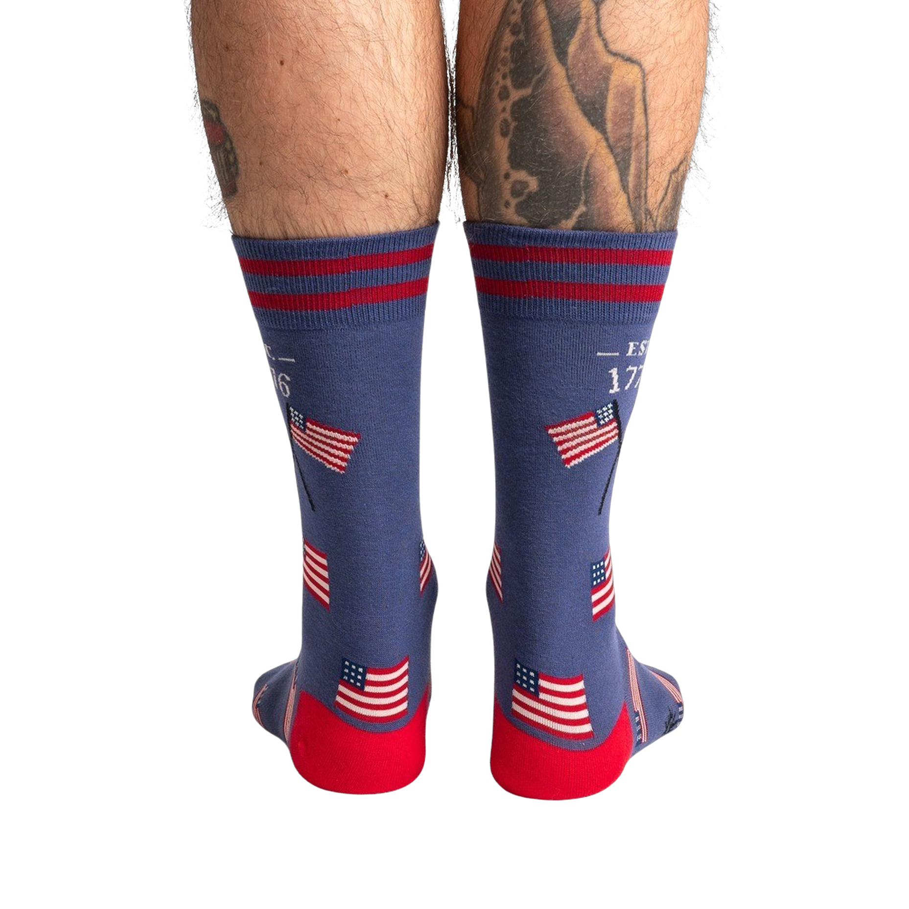 Rear view of Est. 1776 socks, showing the full design detail of the American flags and stripes on the back of the socks.
