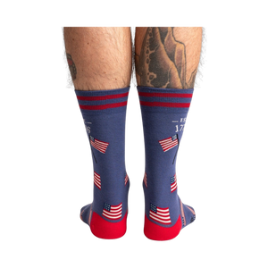 Rear view of Est. 1776 socks, showing the full design detail of the American flags and stripes on the back of the socks.