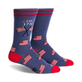Pair of crew socks in navy blue with red stripes, featuring small American flag graphics and 'EST. 1776' text.