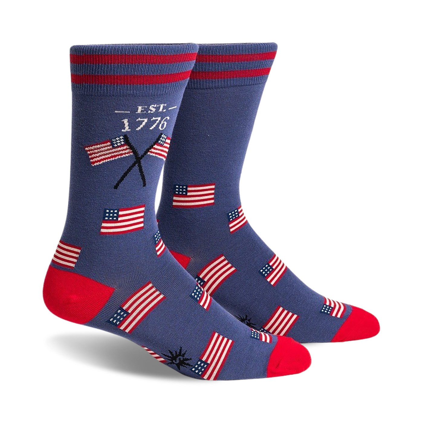 Pair of crew socks in navy blue with red stripes, featuring small American flag graphics and 'EST. 1776' text.