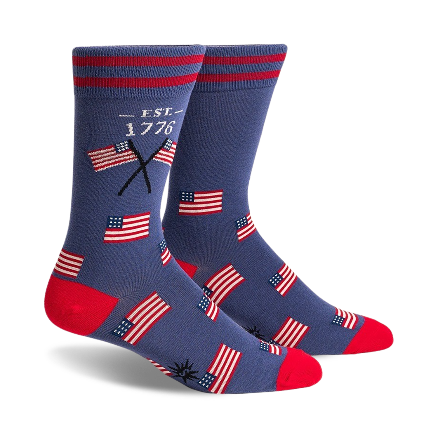 Pair of crew socks in navy blue with red stripes, featuring small American flag graphics and 'EST. 1776' text.