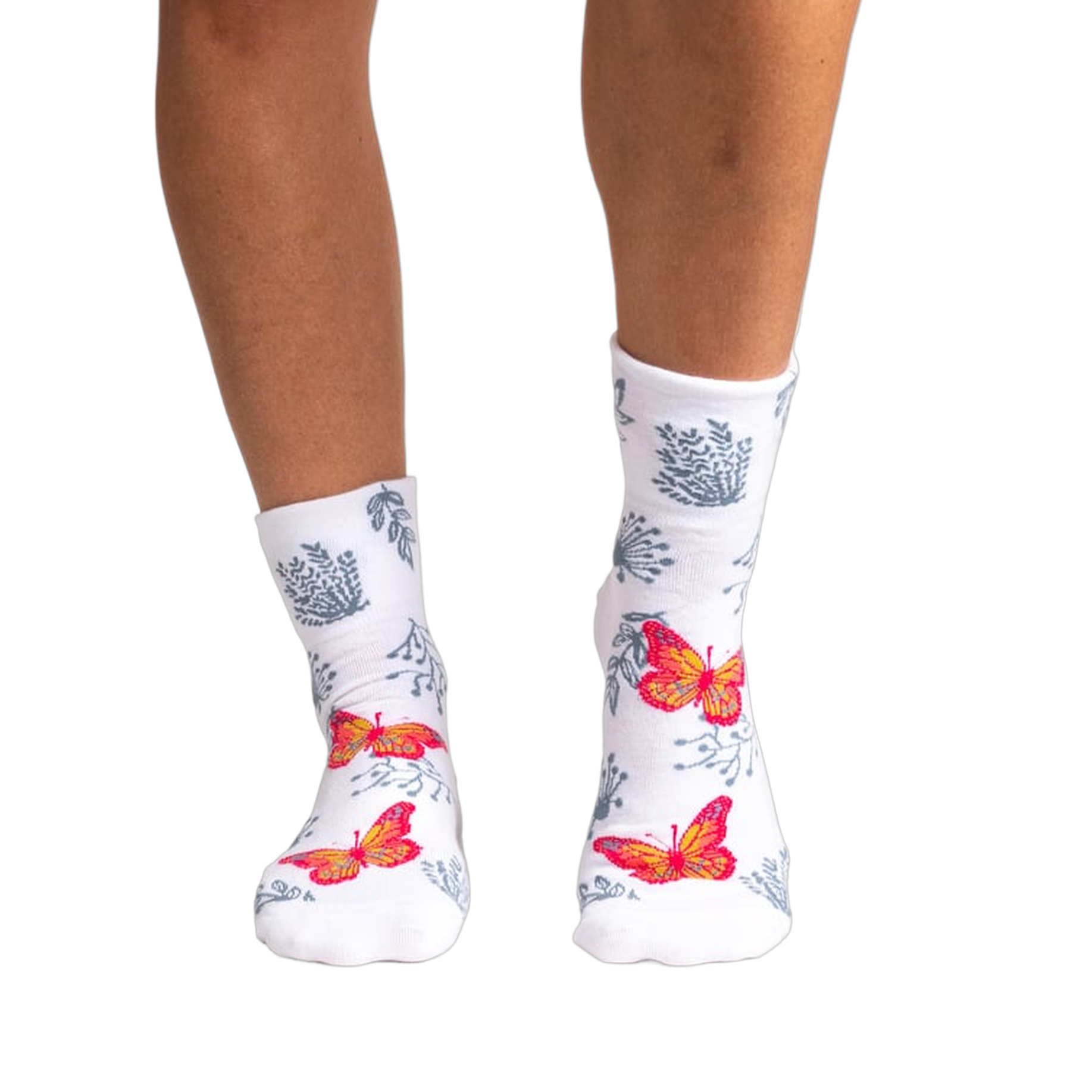 Back view of women's white ankle socks showcasing the butterfly and floral print.