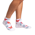 Women's white ankle socks with a turn-cuff, featuring orange and pink butterflies and gray floral designs.