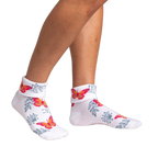 Women's white ankle socks with a turn-cuff, featuring orange and pink butterflies and gray floral designs.