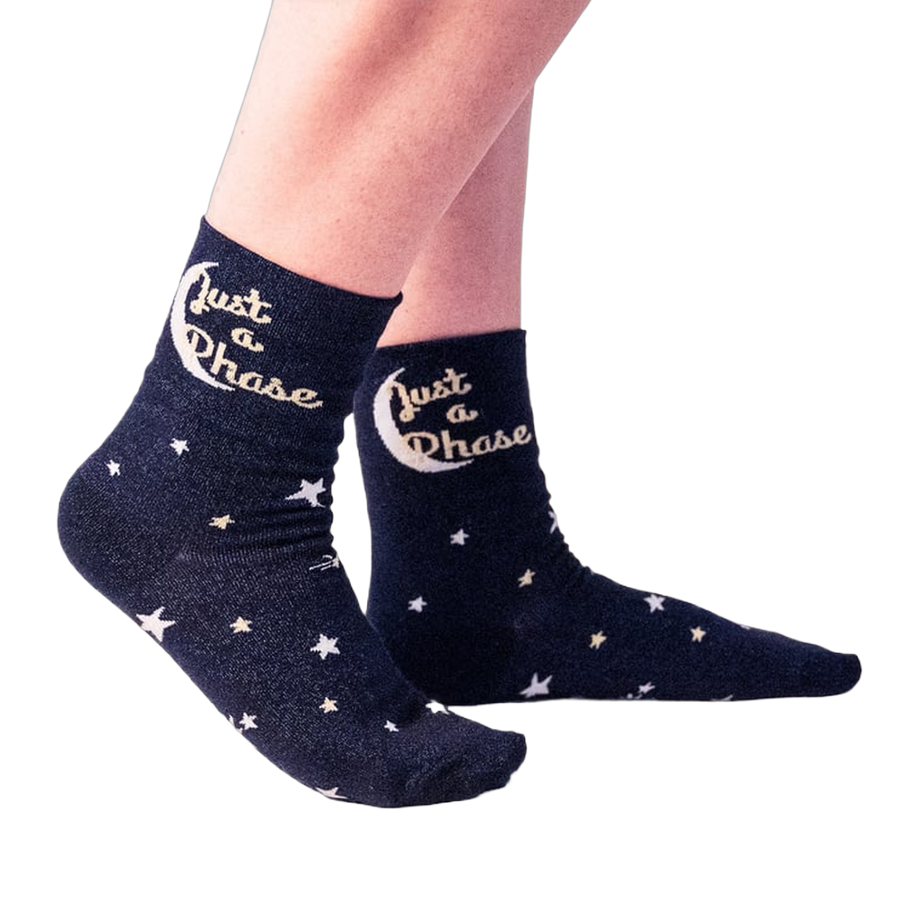 Lifestyle shot showing a person wearing the 'Just A Phase' socks, showcasing how they look on feet.