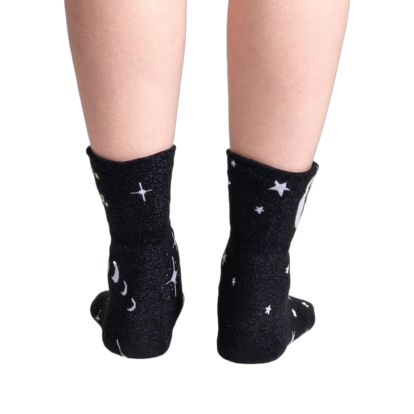 Back view of the socks showing the moon and star pattern.