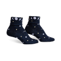 Pair of navy blue sparkly socks with white and yellow stars, moons, and the phrase 'Just a Phase' on the cuff.