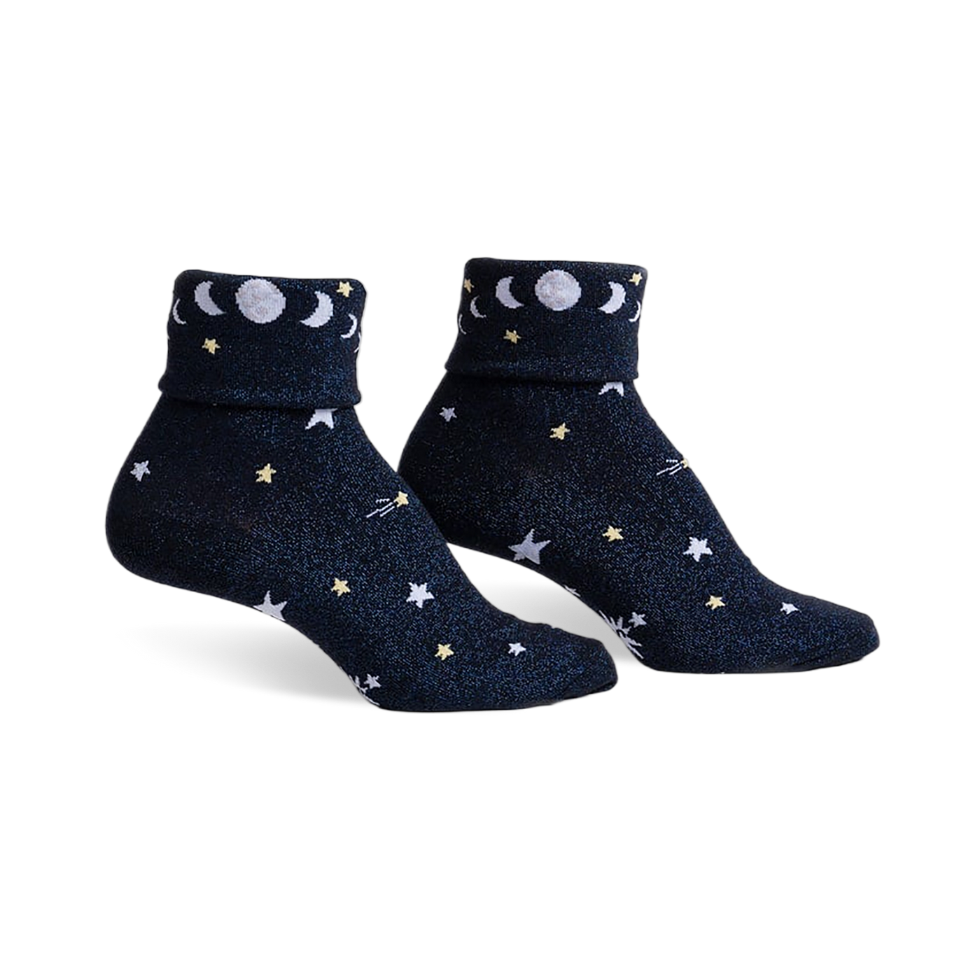 Pair of navy blue sparkly socks with white and yellow stars, moons, and the phrase 'Just a Phase' on the cuff.