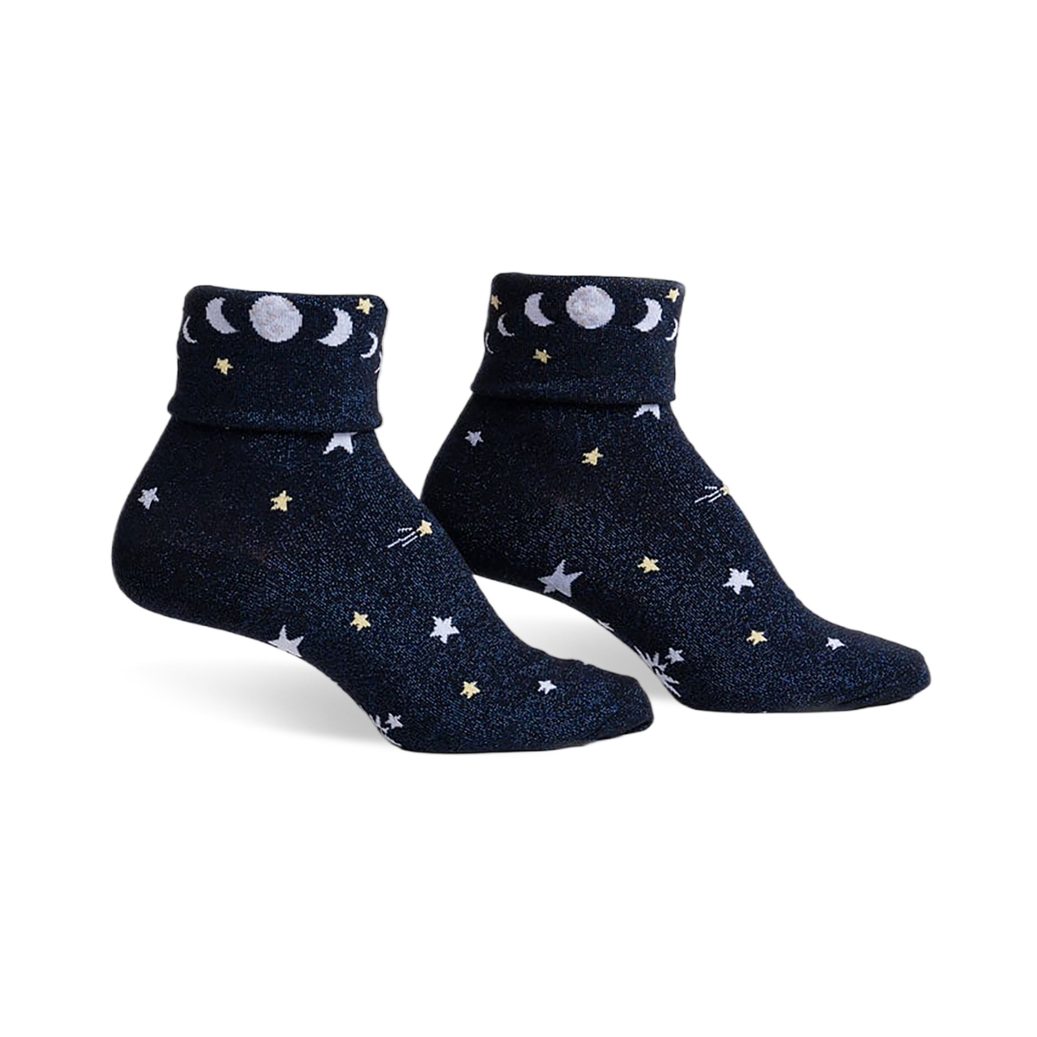 Pair of navy blue sparkly socks with white and yellow stars, moons, and the phrase 'Just a Phase' on the cuff.