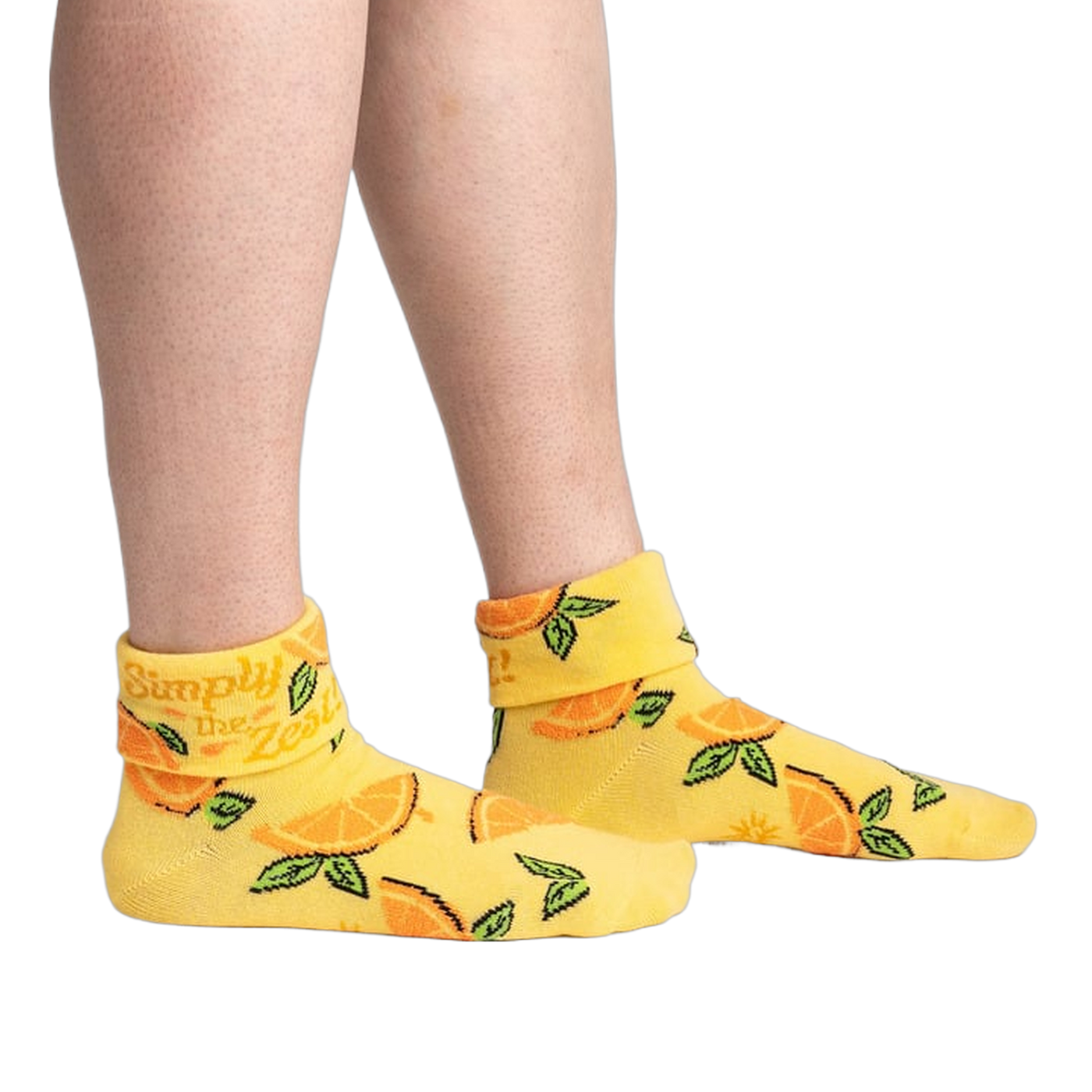 Lifestyle shot showing the Simply the Zest! socks on a person's legs, highlighting how they look when worn.