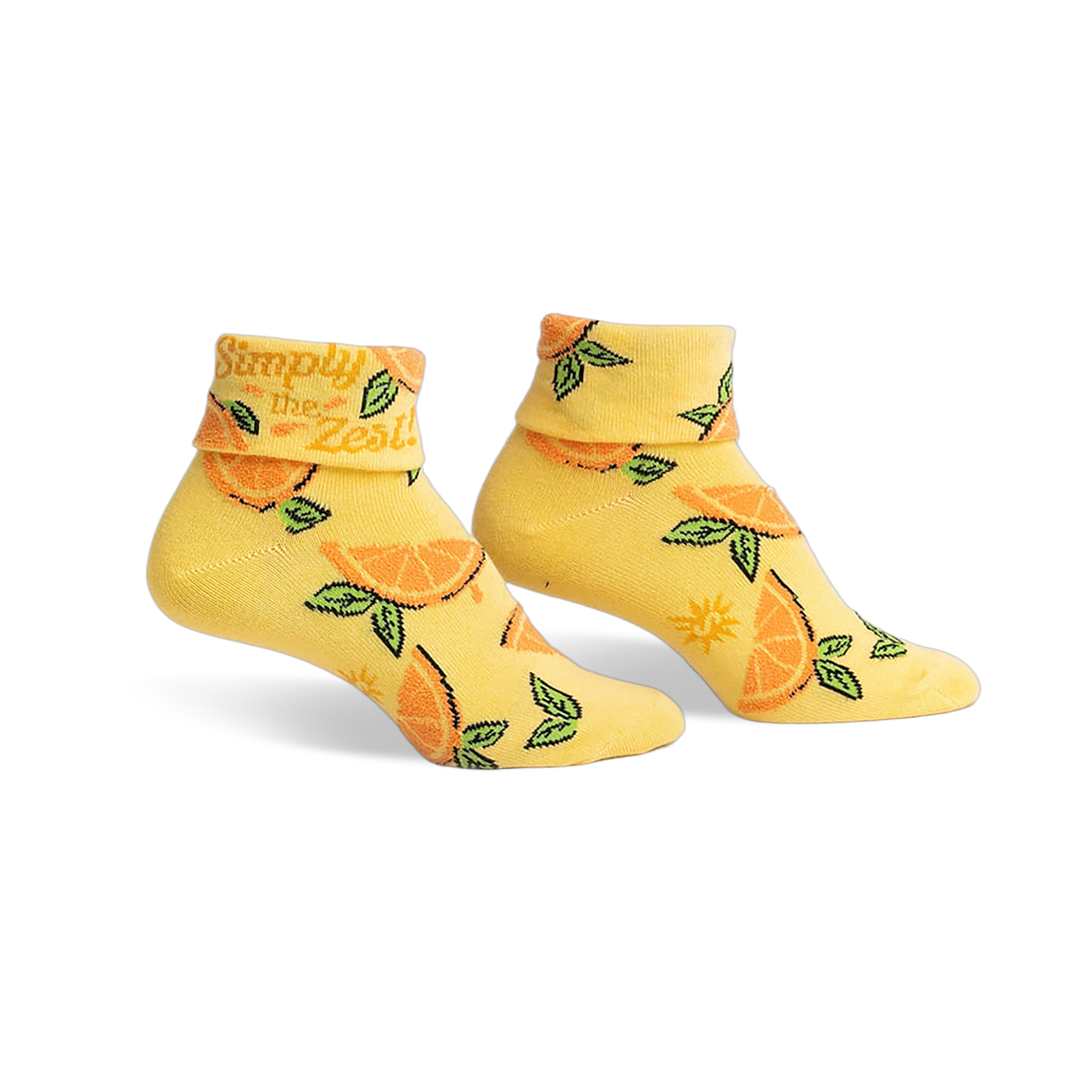 Pair of yellow ankle socks with an orange slice pattern and 'Simply the Zest!' text on the cuff.  Fun, bright, and comfy!