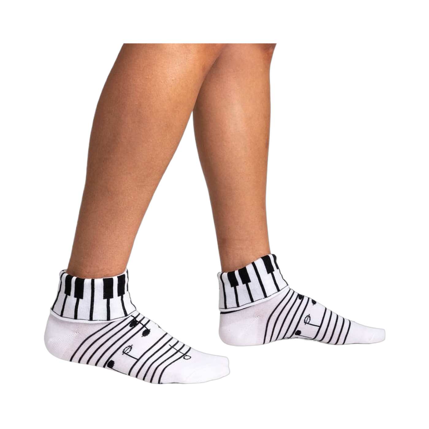 Lifestyle shot showing the socks on a person's legs, highlighting their fit and style.