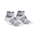 Pair of women's white ankle socks with black musical notes and a piano keyboard cuff design.
