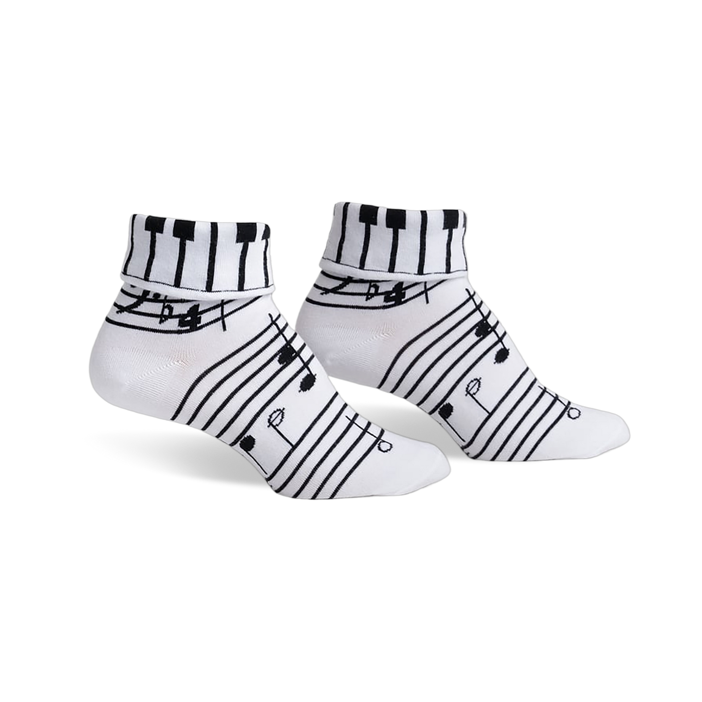 Pair of women's white ankle socks with black musical notes and a piano keyboard cuff design.
