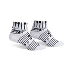 Pair of women's white ankle socks with black musical notes and a piano keyboard cuff design.