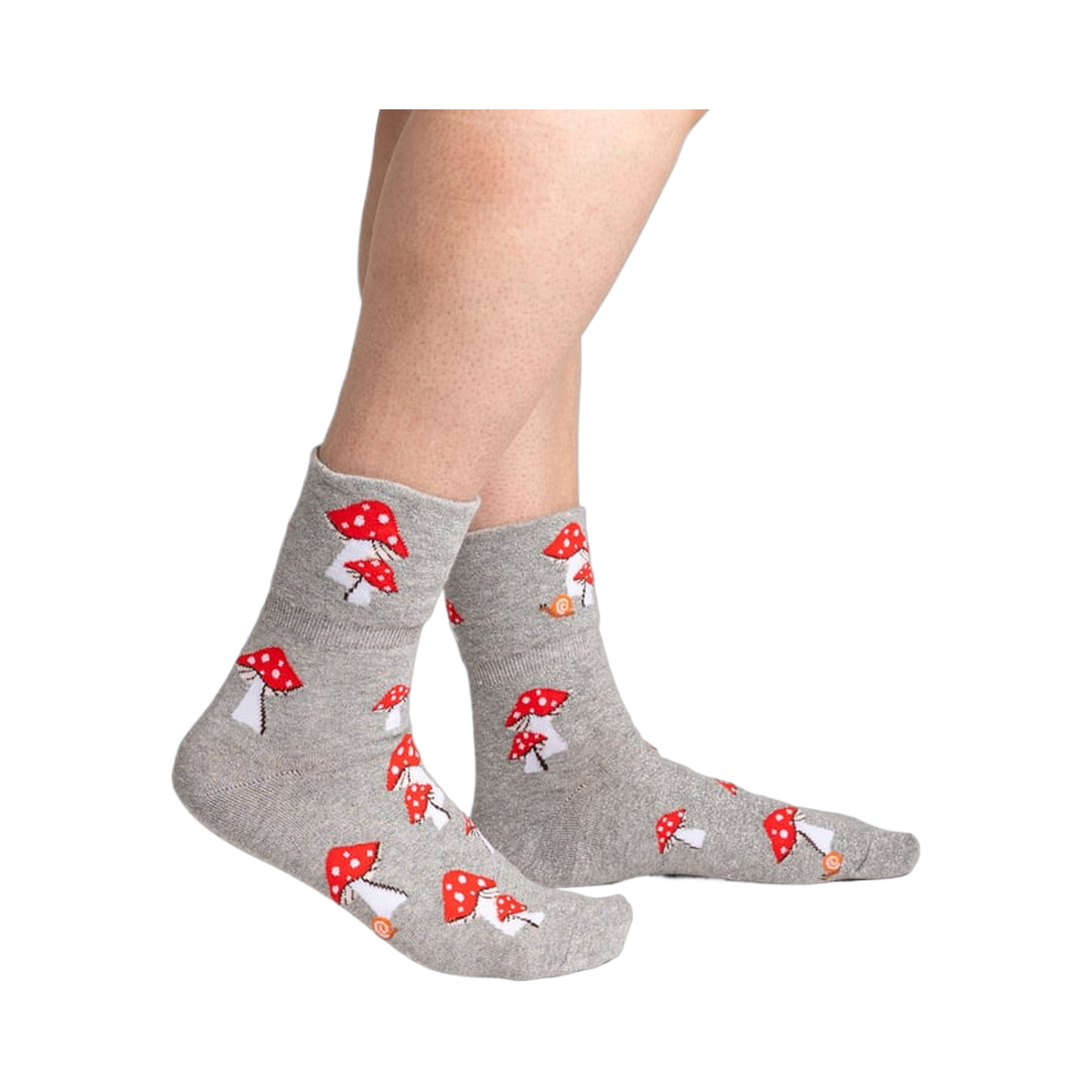 Lifestyle shot showcasing the socks on a person's feet, highlighting the shimmery fabric and mushroom design.