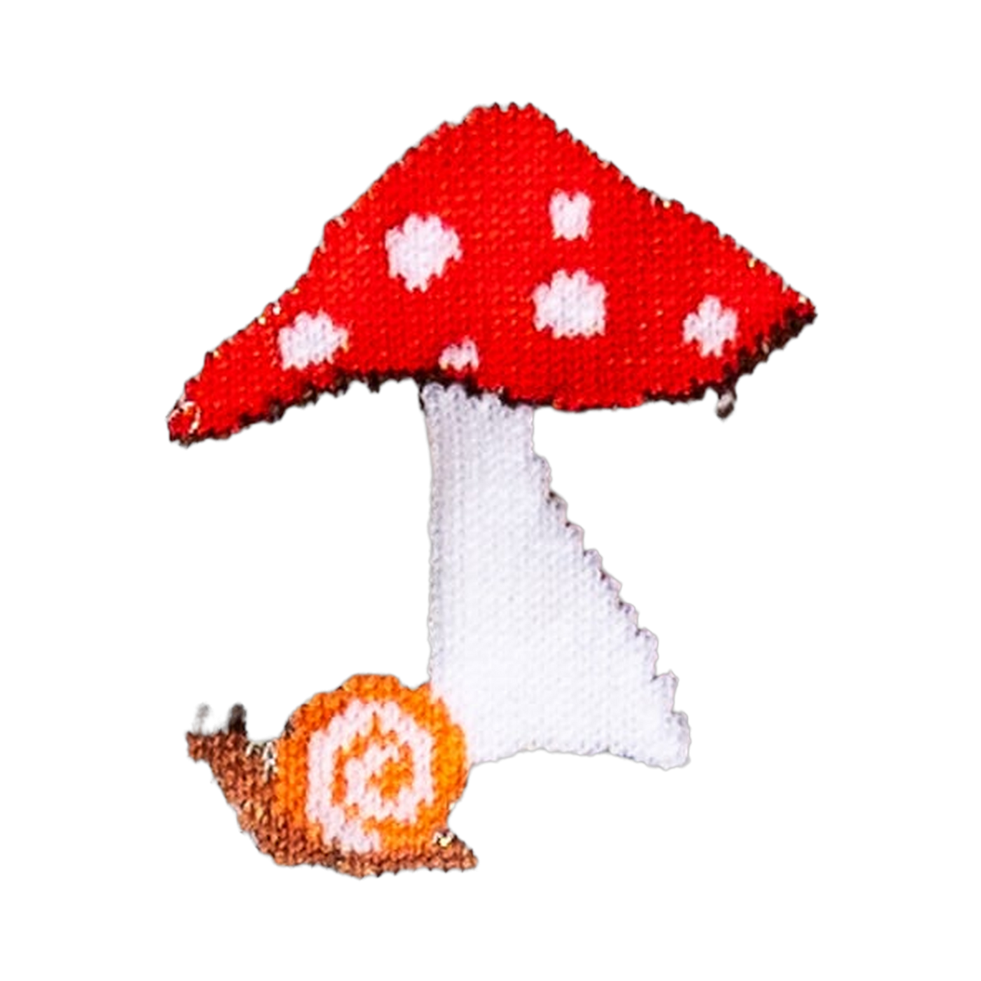 Close-up detail shot of the sock fabric, highlighting the red mushroom and snail pattern on the grey shimmery background.